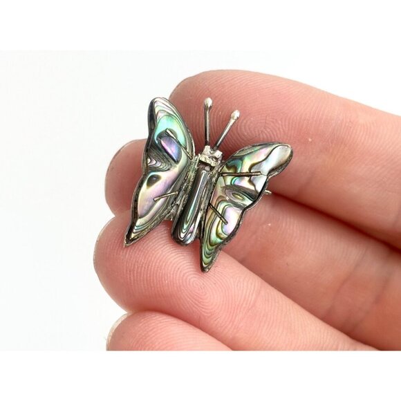 Butterfly Shaped Mexican Made Abalone Shell Inlay Vintage Sterling Silver Brooch - Picture 6 of 10